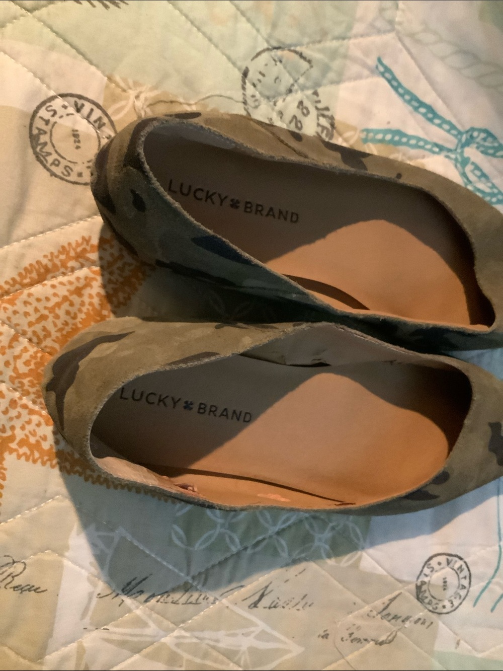 Lucky Brand Bethysa Camo Printed Suede Pointed Toe Ballet Flats Green Size 8.5